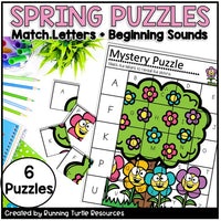 Spring-themed educational puzzles for matching letters and beginning sounds with cartoon characters and flowers.