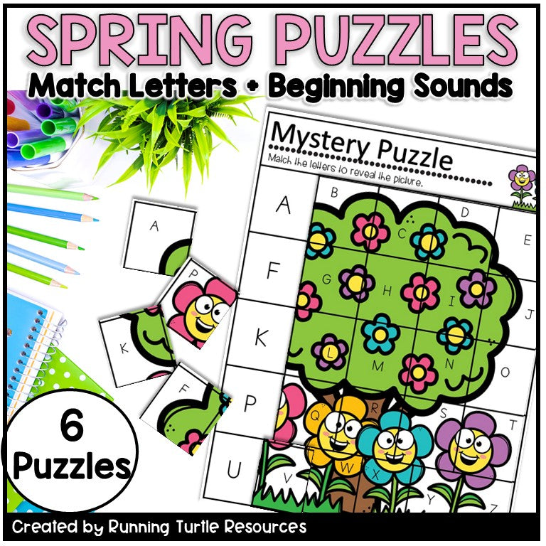 Spring-themed educational puzzles for matching letters and beginning sounds with cartoon characters and flowers.