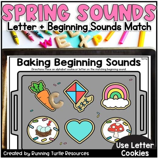 A promotional image featuring a letter tracing activity titled 'Spring Beginning Sounds' with colorful illustrations of letters and spring-themed graphics like carrots and clouds, accompanied by a call to use letterer for educational purposes.