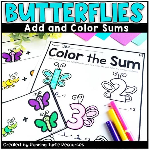 Coloring book pages with butterfly graphics and areas to add and color numbers, alongside task cards, designed for kindergarten math education.