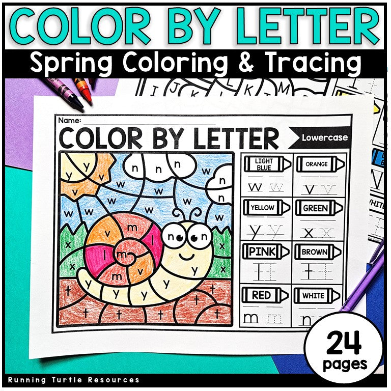 A colorful page of a snail with lowercase letters and traceable letters for preschool and kindergarten students. 24 pages are included.