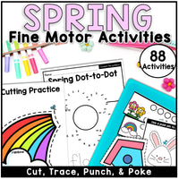 Spring-themed fine motor educational activity book with various activities for cutting practice, dot to dot, hole punch and more on a white background.