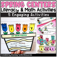 Spring-themed educational activities for literacy and math with colorful flowers and name labels.