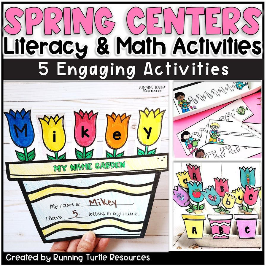 Spring-themed educational activities for literacy and math with colorful flowers and name labels.