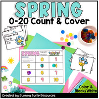 Spring-themed educational materials including number cards and flower petal cards on a colorful background.