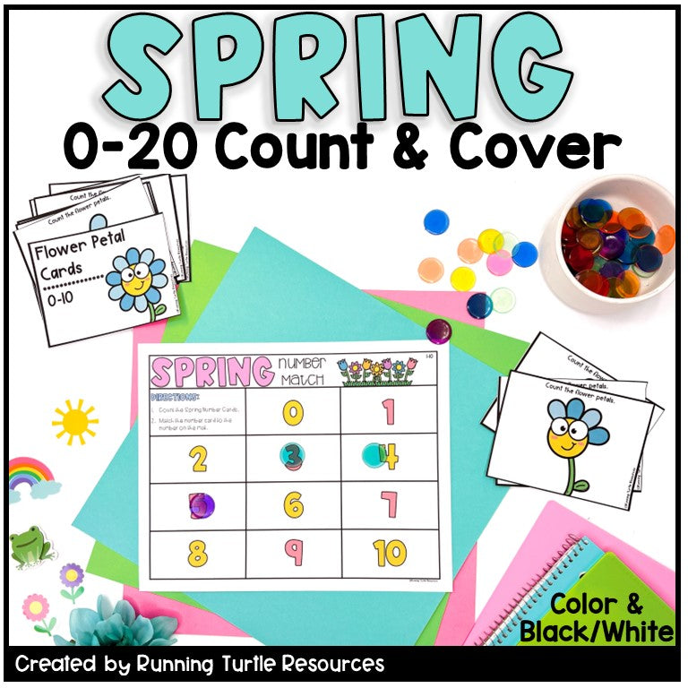 Spring-themed educational materials including number cards and flower petal cards on a colorful background.