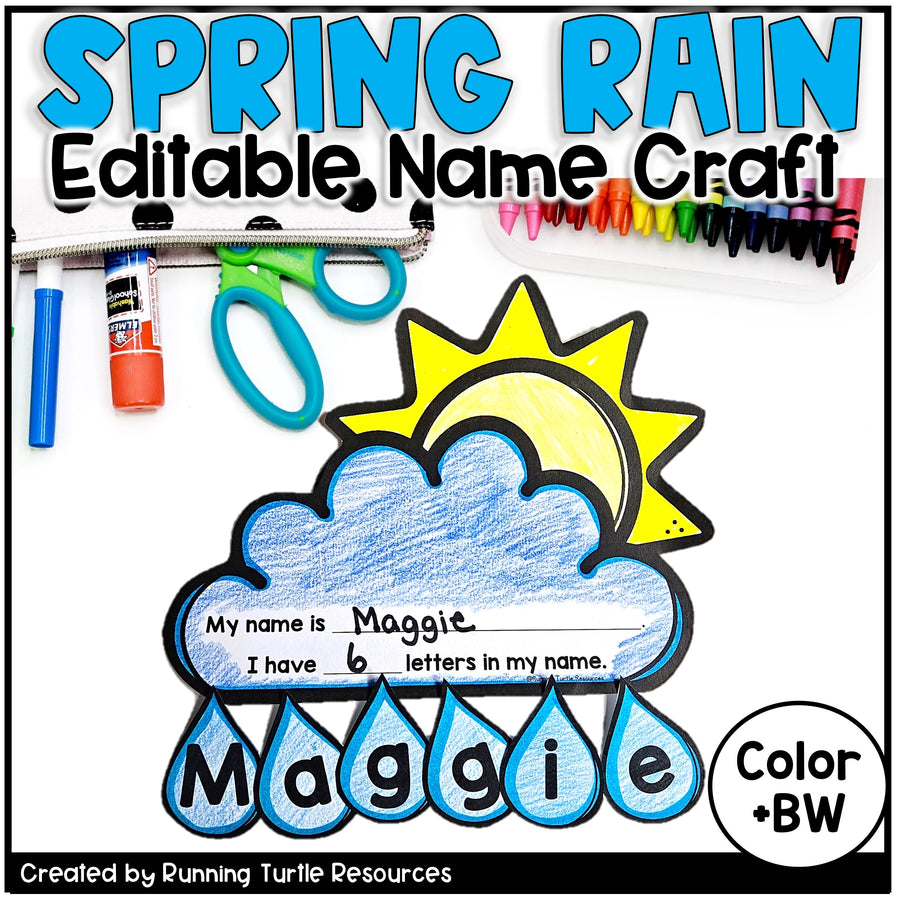 Spring-themed name craft with sun and cloud design, labeled 'Maggie', surrounded by stationery items.