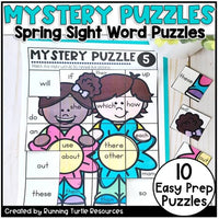 A promotional image featuring two spring-themed mystery puzzle mats with envelope labels and a teacher's tip sheet, designed for educational use.