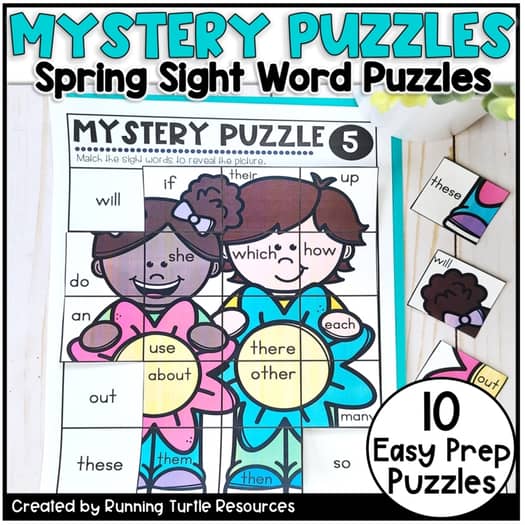 A promotional image featuring two spring-themed mystery puzzle mats with envelope labels and a teacher's tip sheet, designed for educational use.