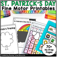 St. Patrick's Day fine motor printables with colorful crayons and a rainbow on a white background.