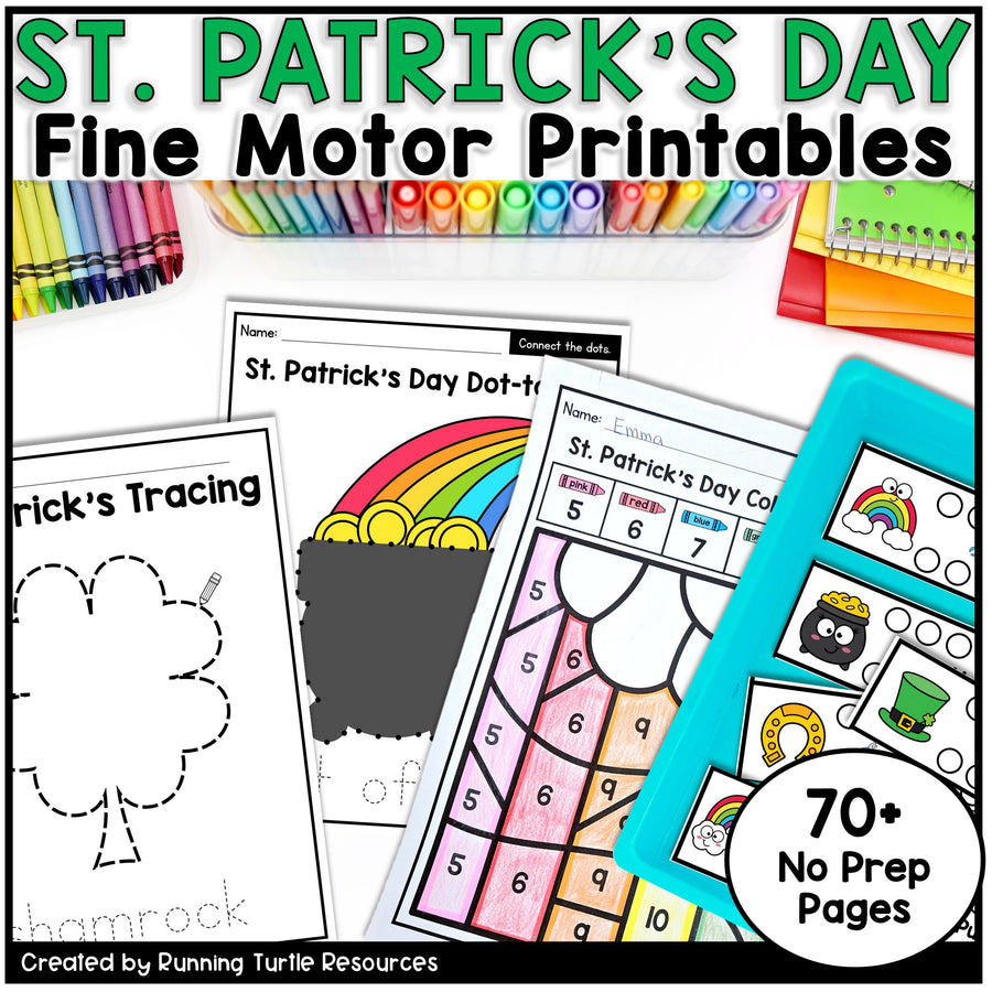 St. Patrick's Day fine motor printables with colorful crayons and a rainbow on a white background.