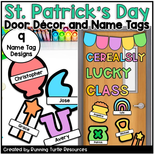 Door photograph with colorful words that says Cerealously Lucky Class with Editable Lucky Charm Name Tags