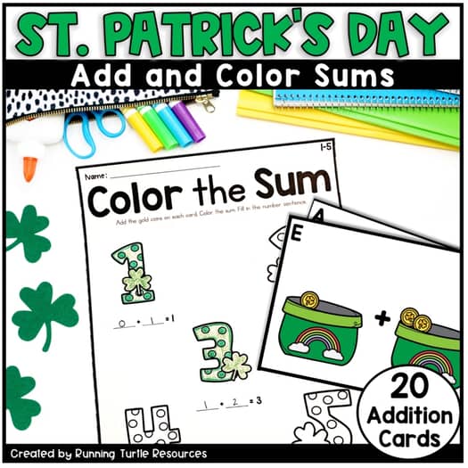A promotional image for a St. Patrick's Day themed math activity, featuring coloring pages with green themed illustrations and text, as well as task cards.
