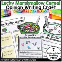 Promotional image for a Lucky Marshmallow Cereal Writing Craft, featuring various templates and drafting pages, with the text 'LUCKY MARSHMALLOW CEREAL OPINION WRITING CRAFT' and '7 DIFFERENTIATED DRAFTING PAGES'.