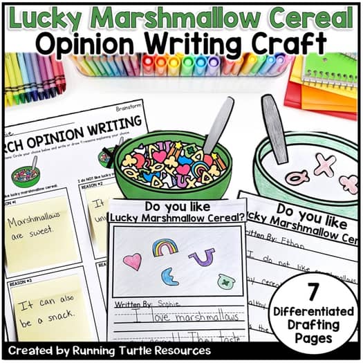 Promotional image for a Lucky Marshmallow Cereal Writing Craft, featuring various templates and drafting pages, with the text 'LUCKY MARSHMALLOW CEREAL OPINION WRITING CRAFT' and '7 DIFFERENTIATED DRAFTING PAGES'.