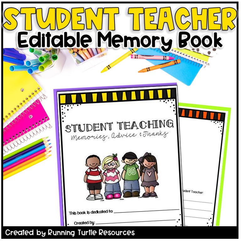 Student teacher memory book with colorful stationery items on a black background