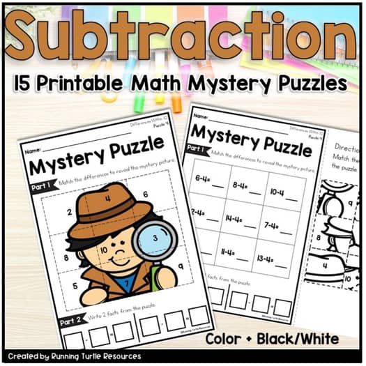 A promotional image featuring two kindergarten-level subtraction mystery puzzles. One puzzle displays a cartoon detective character with a magnifying glass, and the other shows a colorful cactus.
