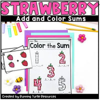 Photo of numbers shaped like strawberries and task cards for Kindergarten students to count and add the strawberry images
