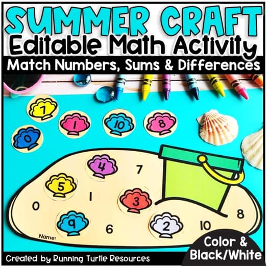 Image of number matching activity with a beach of sand with numbers on it and matching seashells with numbers on it