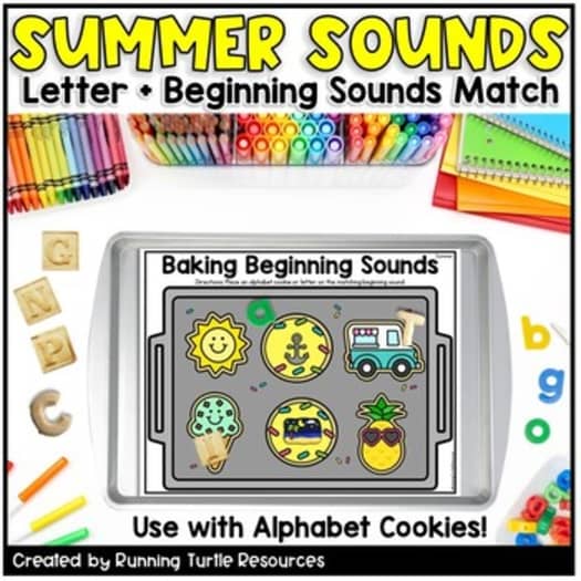 Promotional image for 'Summer Sounds' letter trace and match game, featuring a variety of colorful educational mats and cards with summer-themed illustrations.