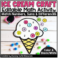 Promotional image for an Ice Cream Math Craft l Number Matching activity, featuring an ice cream cone with colorful sprinkles and editable number tiles, along with the text 'Editable Math Activity', 'Match Numbers, Sums & Differences', and 'Black/White' version indication.