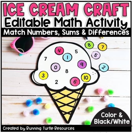 Promotional image for an Ice Cream Math Craft l Number Matching activity, featuring an ice cream cone with colorful sprinkles and editable number tiles, along with the text 'Editable Math Activity', 'Match Numbers, Sums & Differences', and 'Black/White' version indication.