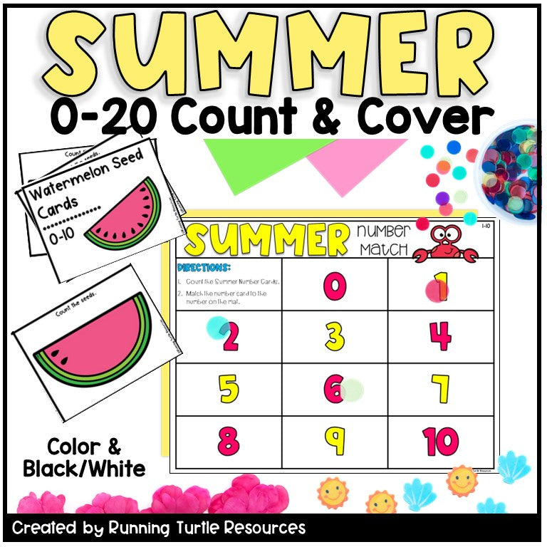 Educational summer-themed math activity with number matching game and watermelon seed cards.