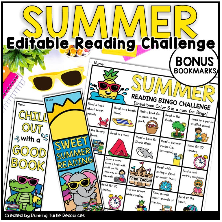 Summer Bingo Board with words and pictures, and 2 bonus bookmarks that say, "Sweet Summer Reading" and "Chill Out with a Good Book"