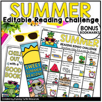 Summer Bingo Board with words and pictures, and 2 bonus bookmarks that say, "Sweet Summer Reading" and "Chill Out with a Good Book"