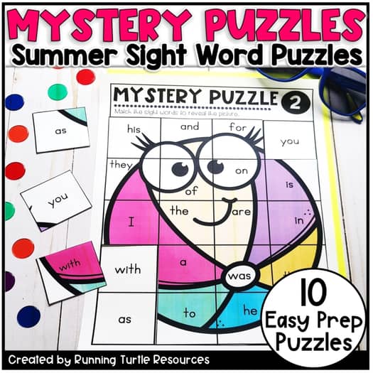 Promotional image of a colorful summer themed sight word puzzle.