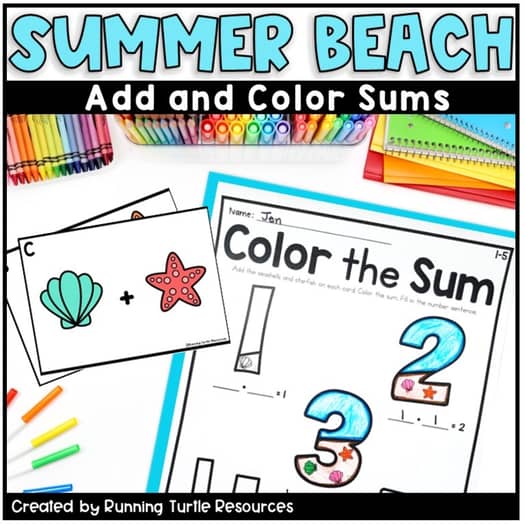 Promotional image for a children's math summer addition activity booklet with coloring and counting sections, titled 'Summer Beach'.