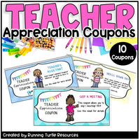 Teacher appreciation coupons with colorful text and graphics on a white background
