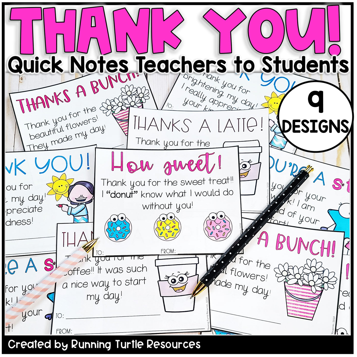 Collection of 'Thank You!' notes for teachers with various designs and text, featuring a pen on a white background.