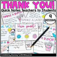 Collection of 'Thank You!' notes for teachers with various designs and text, featuring a pen on a white background.