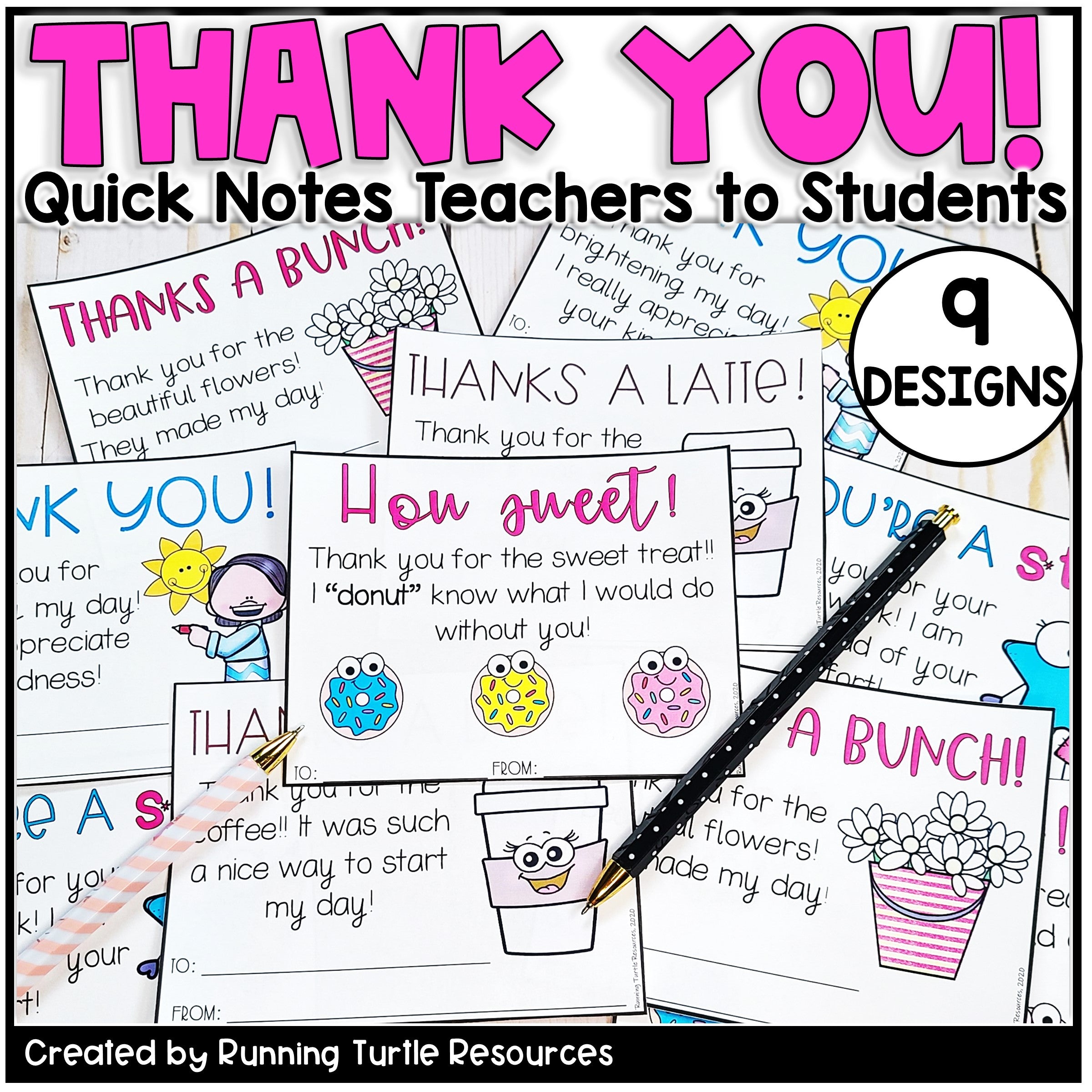 Collection of 'Thank You!' notes for teachers with various designs and text, featuring a pen on a white background.