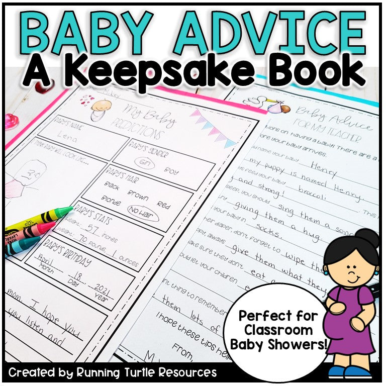 Baby advice book with text 'Baby Advice A Keepsake Book' and a child illustration, featuring crayons on a white background.
