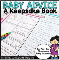 Baby advice book with text 'Baby Advice A Keepsake Book' and a child illustration, featuring crayons on a white background.