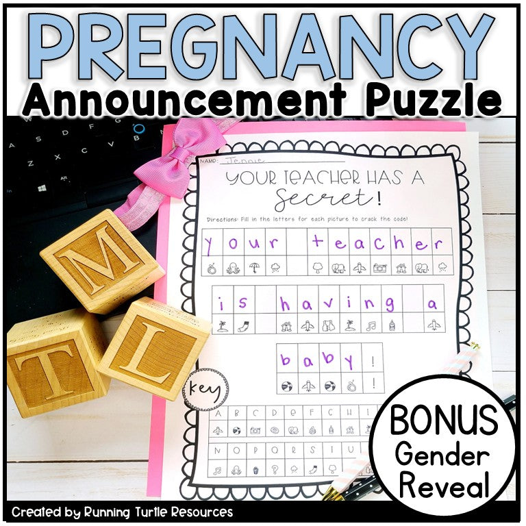 Pregnancy announcement puzzle with wooden blocks spelling 'MILL' and a pink bow.