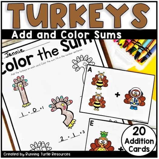 A product image featuring a task card and coloring page for a Thanksgiving themed math activity, with cartoon-style turkey characters and colorful sum graphics.
