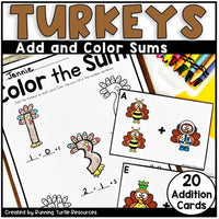 A product image featuring a task card and coloring page for a Thanksgiving themed math activity, with cartoon-style turkey characters and colorful sum graphics.