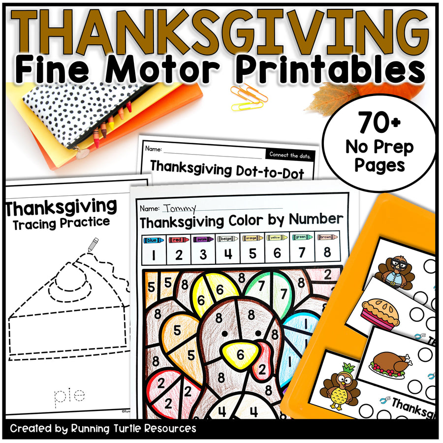 Thanksgiving-themed fine motor printables with a pen and paper on a white background.