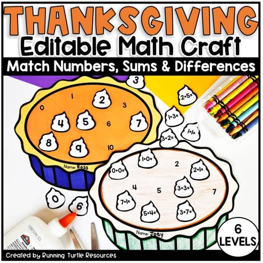 Thanksgiving themed editable math craft with pumpkin pie and whipped cream pieces for teaching numbers and sums.
