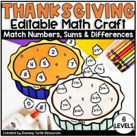Thanksgiving themed editable math craft with pumpkin pie and whipped cream pieces for teaching numbers and sums.