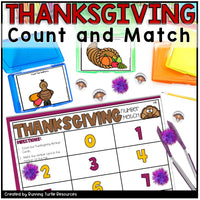 Thanksgiving-themed educational materials including a counting worksheet and game cards.
