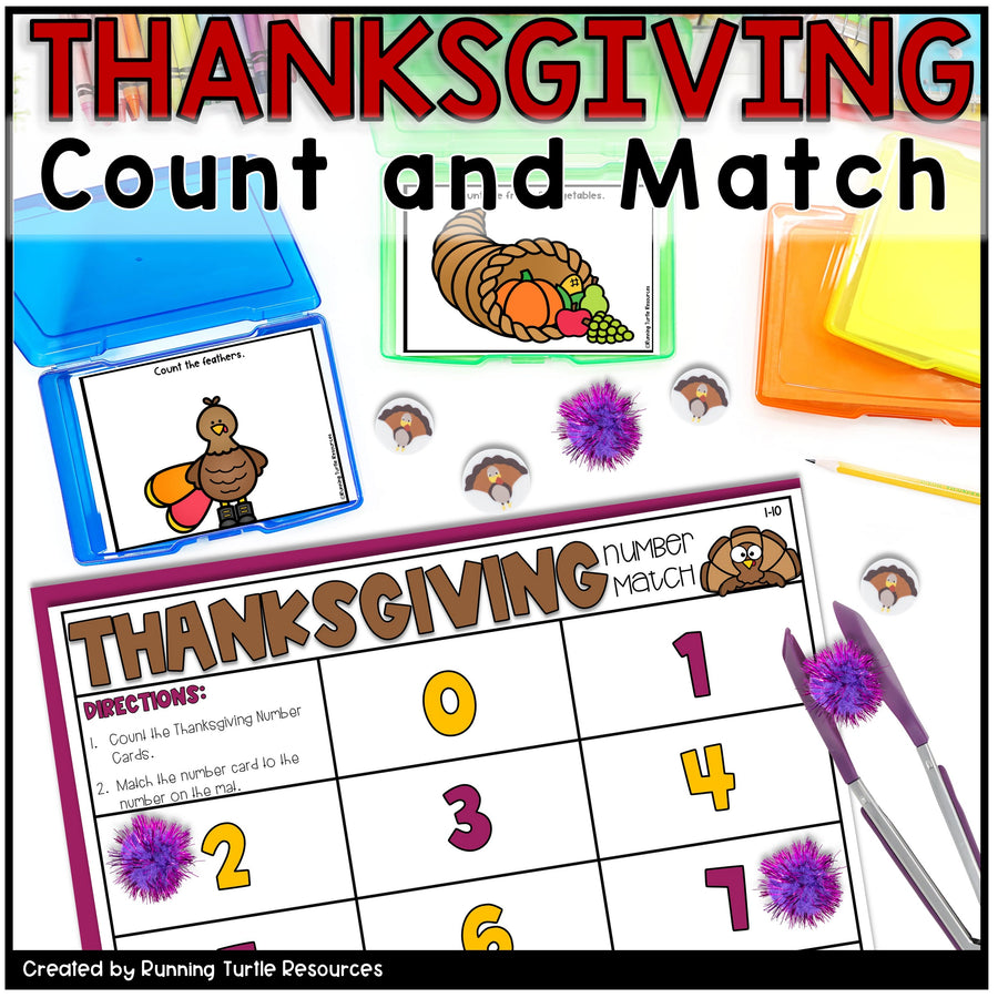 Thanksgiving-themed educational materials including a counting worksheet and game cards.