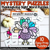 Thanksgiving themed mystery word puzzle activity with a turkey graphic and text elements on a puzzle mat.