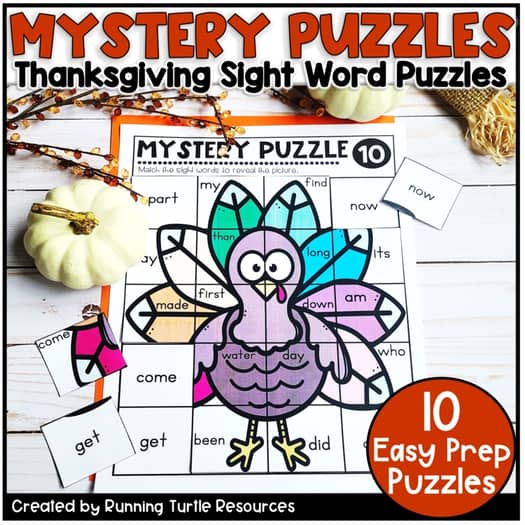 Thanksgiving themed mystery word puzzle activity with a turkey graphic and text elements on a puzzle mat.