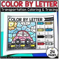 Color by letter worksheet for transportation theme with coloring and tracing activities.