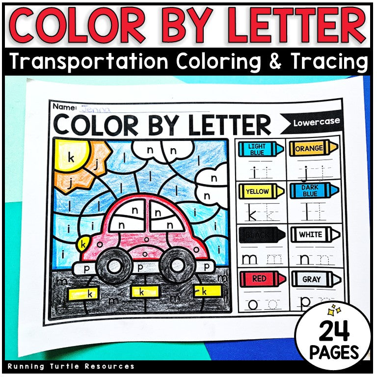 Color by letter worksheet for transportation theme with coloring and tracing activities.