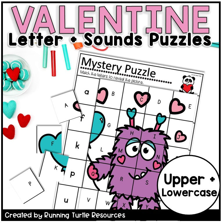 Valentine Themed Letter Match and Beginning Sounds Puzzle for Preschool and Kindergarten
